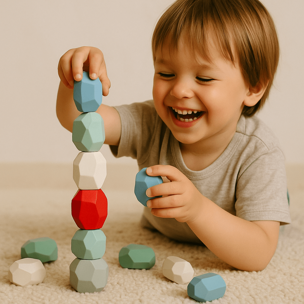 16 farbige Holz Stapelsteine - Kinder Balanciersteine für motorische Entwicklung - Rabadu
