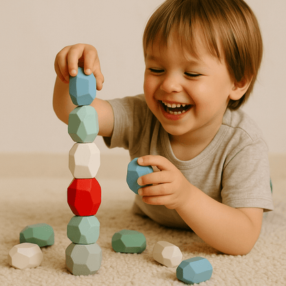 16 farbige Holz Stapelsteine - Kinder Balanciersteine für motorische Entwicklung - Rabadu