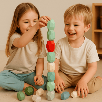 16 farbige Holz Stapelsteine - Kinder Balanciersteine für motorische Entwicklung - Rabadu