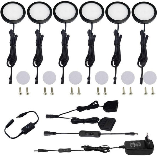 AIBOO LED Puck Unterbauleuchten Set 6x Warmweiß, schwarz, Touch-Dimmer