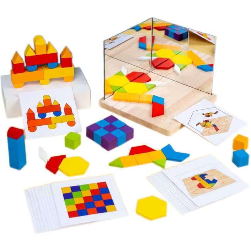 Symmetrie Spiel aus Holz mit Spiegel - mit flachen Bausteinen & Karten - Rabadu